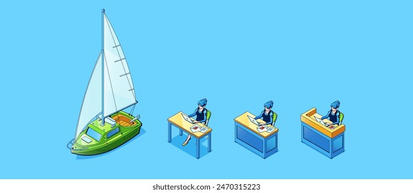 Office workplace and sailboat isometric vector set. Woman work in office with documents sitting at table with different stages of covering by privacy and modesty panel. Modern yacht boat for vacation.