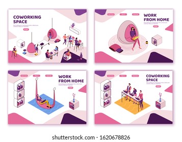 Office workplace set, creative people in coworking space, isometric modern interior design, graphic vector illustration, landing page templates in violet and pink colors