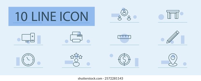 Office and workplace set icon. Computer, printer, ruler, pencil, target, clock, desk, workspace, people, measurement tools