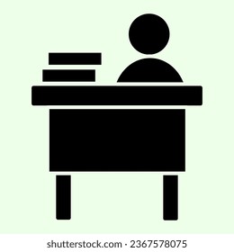 Office workplace solid icon. Businessman working at desk with books glyph style pictogram on white background. Work and job signs for mobile concept and web design. Vector graphics