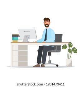 Office workplace with table, bookcase, computer. Business man is working at his office desk. Flat vector illustration.