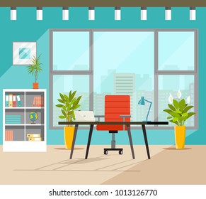 Office workplace with table, bookcase, window. Vector flat illustration