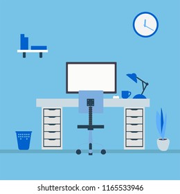 Office workplace with table, bookcase, window. Business man or a clerk working at her office desk. Flat vector illustration.