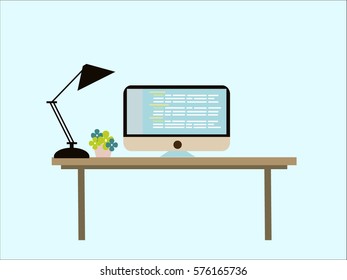 office workplace with table, bookcase, window. Design for web site, banner, brochure for business. Vector flat illustration

