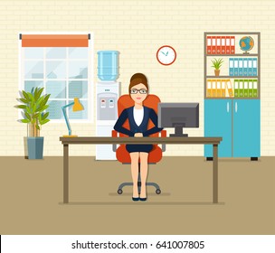 Office workplace with table, bookcase, window. Business woman  working at her office desk. Vector flat illustration