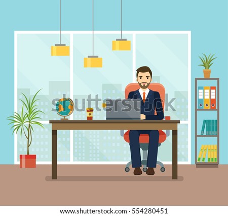 Office workplace with table, bookcase, window. Business man or a clerk working at her office desk.  Flat  vector illustration.