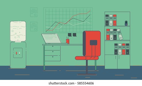Office workplace with table, bookcase, windows. Flat colorful illustration