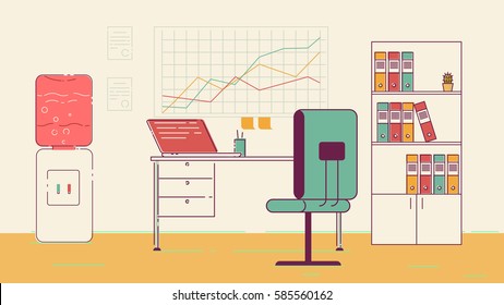 Office workplace with table, bookcase, windows. Flat colorful illustration