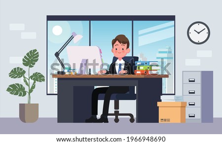 Office workplace with table. Business man or a clerk working at her office desk. Flat vector illustration.