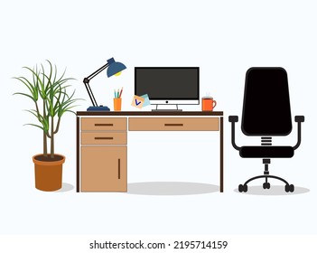 Office workplace with table, chair, flower
