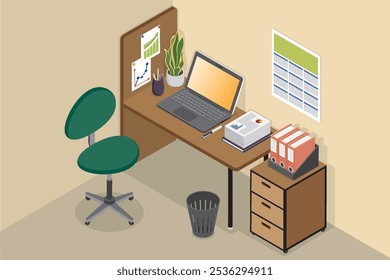 Office workplace. Table, chair, laptop and cabinet in isometric view.