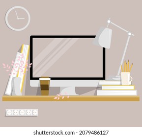 Office workplace. Table with a computer, books, flower, clock. Freelance workspace. Flat style vector illustration.
