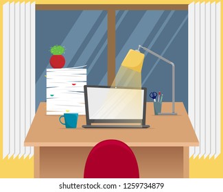 Office workplace. Table with laptop, stack of papers, Desk lamp. Flat vector illustration.
