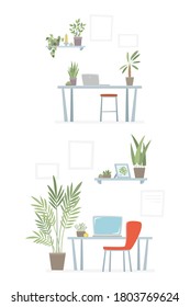 Office workplace with table, notebooks, chairs and plants - urban office jungle or home office. Vector flat design for website, banner, brochure for business.