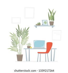 Büroarbeitsplatz mit Tisch, Notebooks, rotem Stuhl und Pflanzen - urbaner Bürodschungel. Vectorflachdesign für Website, Banner, Broschüre für Unternehmen.