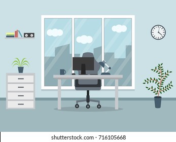 office workplace with table, plant, window.
