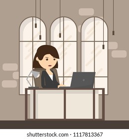 Office workplace with table, window. Business woman or a clerk working at her office desk. Vector flat illustration