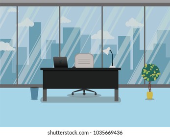 Office workplace with table, window and flower; vector flat illustration in blue color 