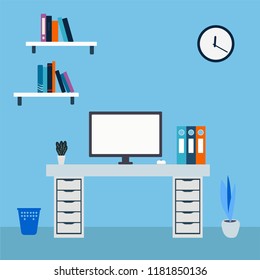 Office workplace with table, window and flower; vector flat illustration in blue color