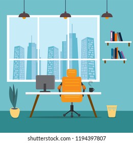 Office workplace with table, window and flower; vector flat illustration in blue color