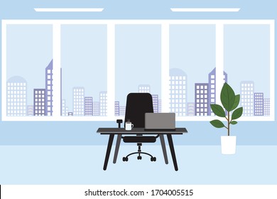 Office Workplace With Table, Window, Flower 
And City Background. Vector Image.