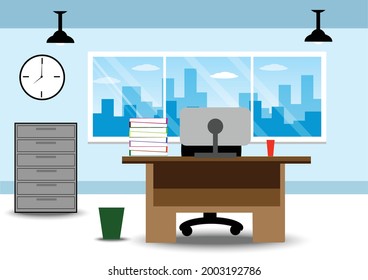 Büroarbeitsplatz mit Tisch, Fenster, floralem und städtischem Hintergrund. Vektorbild