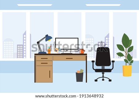Office workplace with table, window, flower