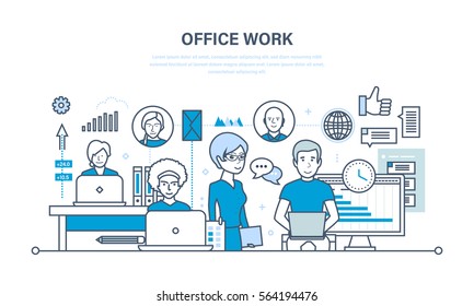 Office workplace, teamwork, performance evaluation and analysis of results, planning,  control. Illustration thin line design of vector doodles, infographics elements.