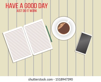 Office Workplace Template. A table with a book, a cup of coffee, a pencil and a smartphone