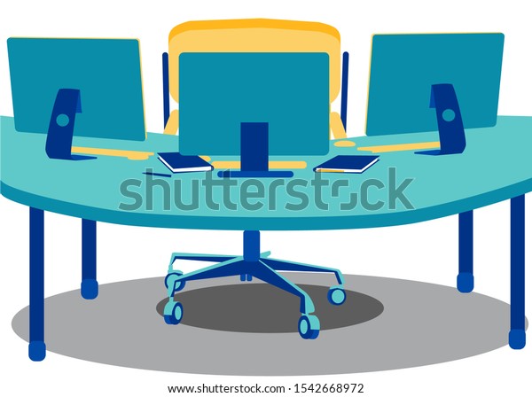 Office Workplace Three Monitors Yellow Office Stock Vector