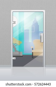 Office workplace through glossy glass door view flat vector. Entrance to the reception with sofa, bonsai tree and city view from window. Modern office interior design illustration for business concept
