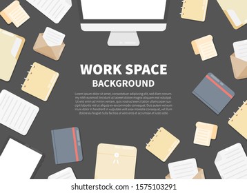 Office workplace in top view. Top view of workplace background with document file, notebook, computer, paper, tablet, envelope. Free space for text. Flat lay style.