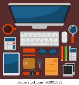 Office Workplace Top View in Flat Design Vector illustration