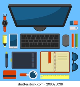 Office Workplace Top View in Flat Design Vector illustration