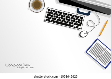 Office workplace top view. Illustration of modern business office or workspace in flat style. Template infographic or advertising banner concept. Copy space.