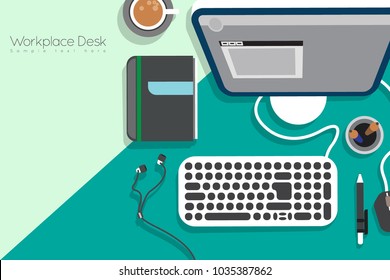 Office workplace top view. Illustration of modern business office or workspace in flat style. Template infographic or advertising banner concept. Copy space.
