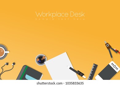 Office workplace top view. Illustration of modern business office or workspace in flat style. Template infographic or advertising banner concept. Copy space.