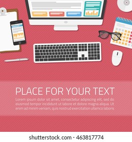Office workplace top view. Illustration of modern business office or workspace in flat style. Top view of desk background. Template infographic or advertising banner concept.