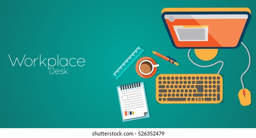 Office workplace top view. Illustration of modern business office or workspace in flat style. Template infographic or advertising banner concept. Copy space.