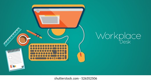 Office workplace top view. Illustration of modern business office or workspace in flat style. Template infographic or advertising banner concept. Copy space.