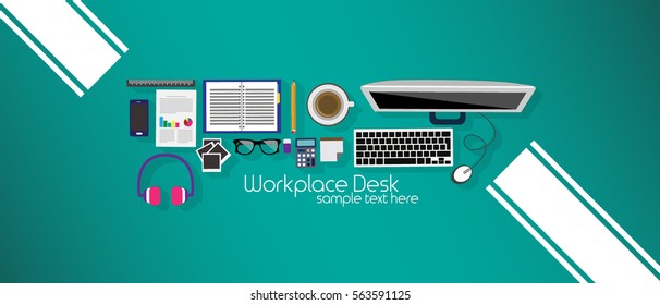 Office workplace top view. Illustration of modern business office or workspace in flat style. Template infographic or advertising banner concept. Copy space.