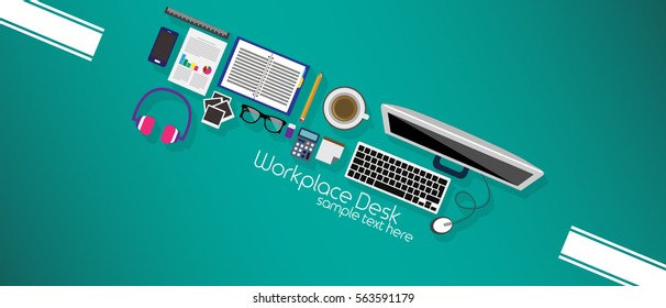 Office workplace top view. Illustration of modern business office or workspace in flat style. Template infographic or advertising banner concept. Copy space.