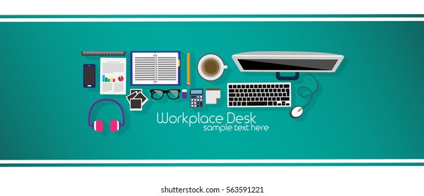 Office workplace top view. Illustration of modern business office or workspace in flat style. Template infographic or advertising banner concept. Copy space.