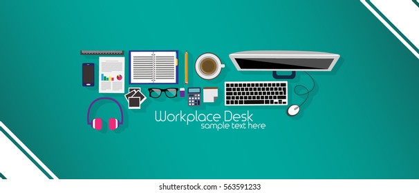 Office workplace top view. Illustration of modern business office or workspace in flat style. Template infographic or advertising banner concept. Copy space.