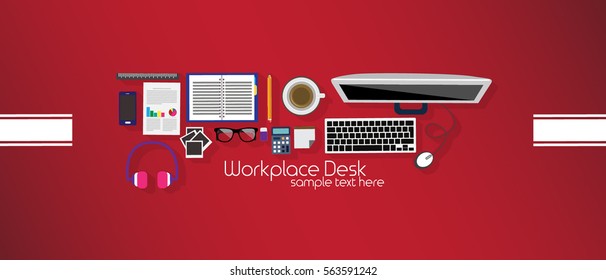 Office workplace top view. Illustration of modern business office or workspace in flat style. Template infographic or advertising banner concept. Copy space.
