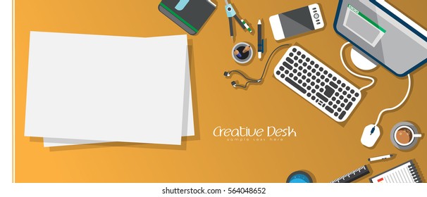 Office workplace top view. Illustration of modern business office or workspace in flat style. Template infographic or advertising banner concept. Copy space.