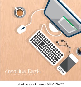 Office workplace top view. Illustration of modern business office or workspace in flat style. Template infographic or advertising banner concept. Copy space.