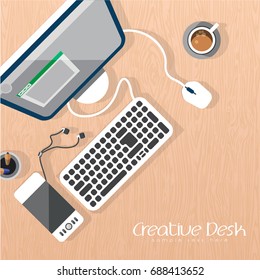Office workplace top view. Illustration of modern business office or workspace in flat style. Template infographic or advertising banner concept. Copy space.