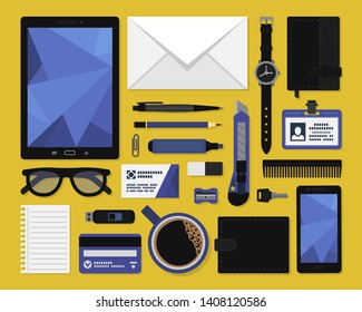 
Office workplace, top view. A large set of office supplies.