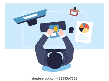 Office workplace top view. Man working with computer. Employee sitting at table. Business document. Project diagram. PC screen and keyboard. Businessman at desk. Vector
